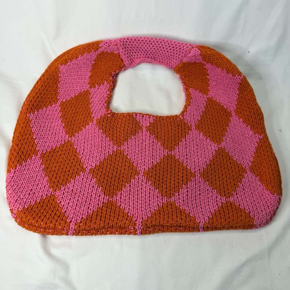 Kopari Pink And Orange Knitted Diamond Pattern Tote Bag